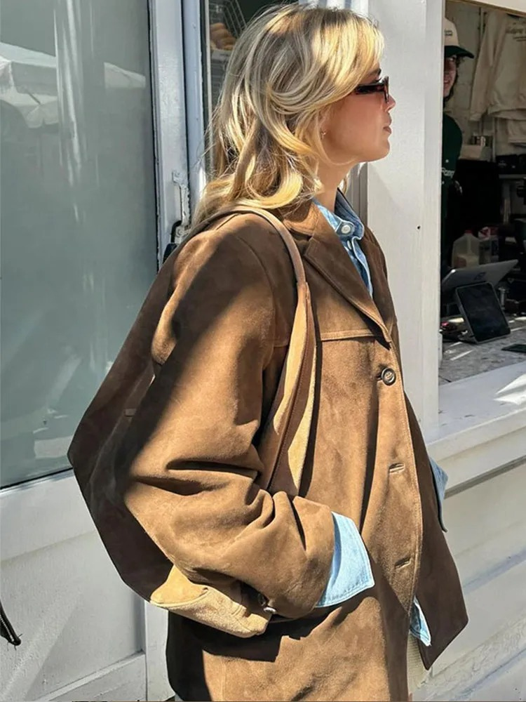 Oversized Brown Suede Trenchcoat with Wide Lapel