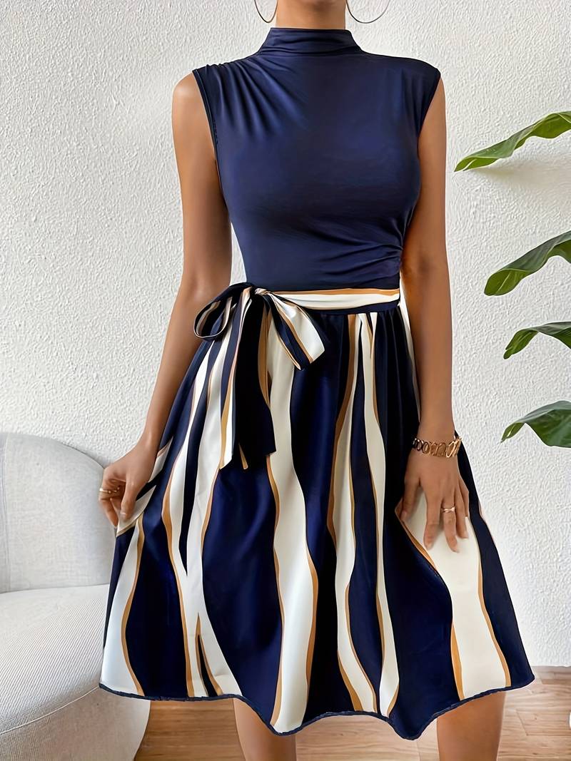 Lucy – Stylish Patchwork Dress with Belt and Striped Print