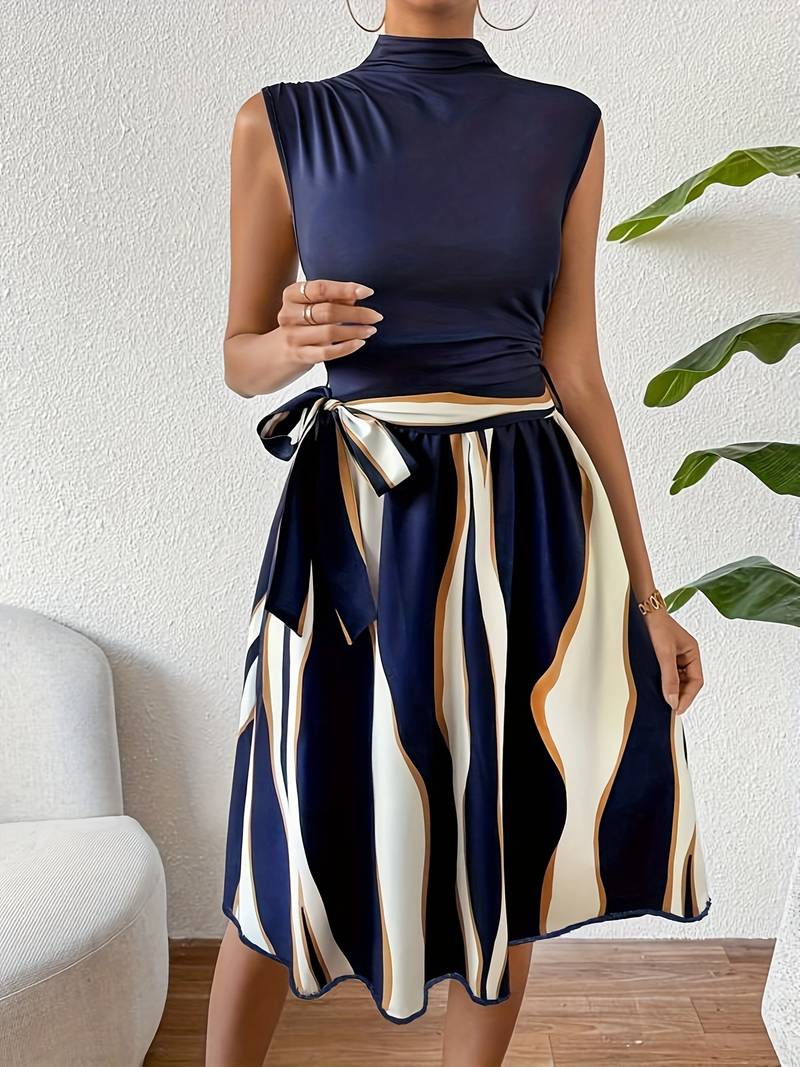 Lucy – Stylish Patchwork Dress with Belt and Striped Print