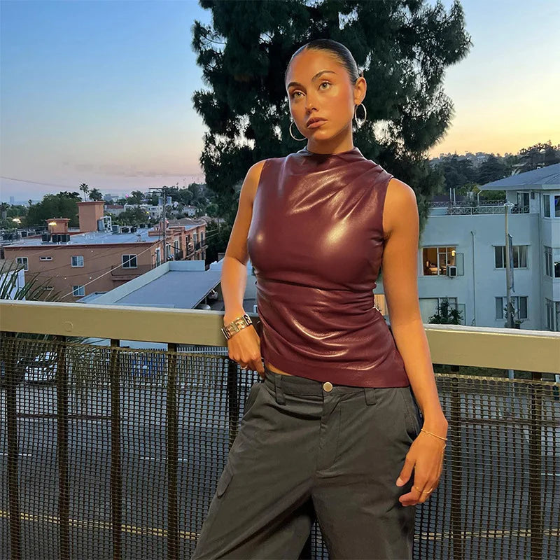 Women's Sleeveless Leather Top in Bordeaux with Slim Fit – Nila