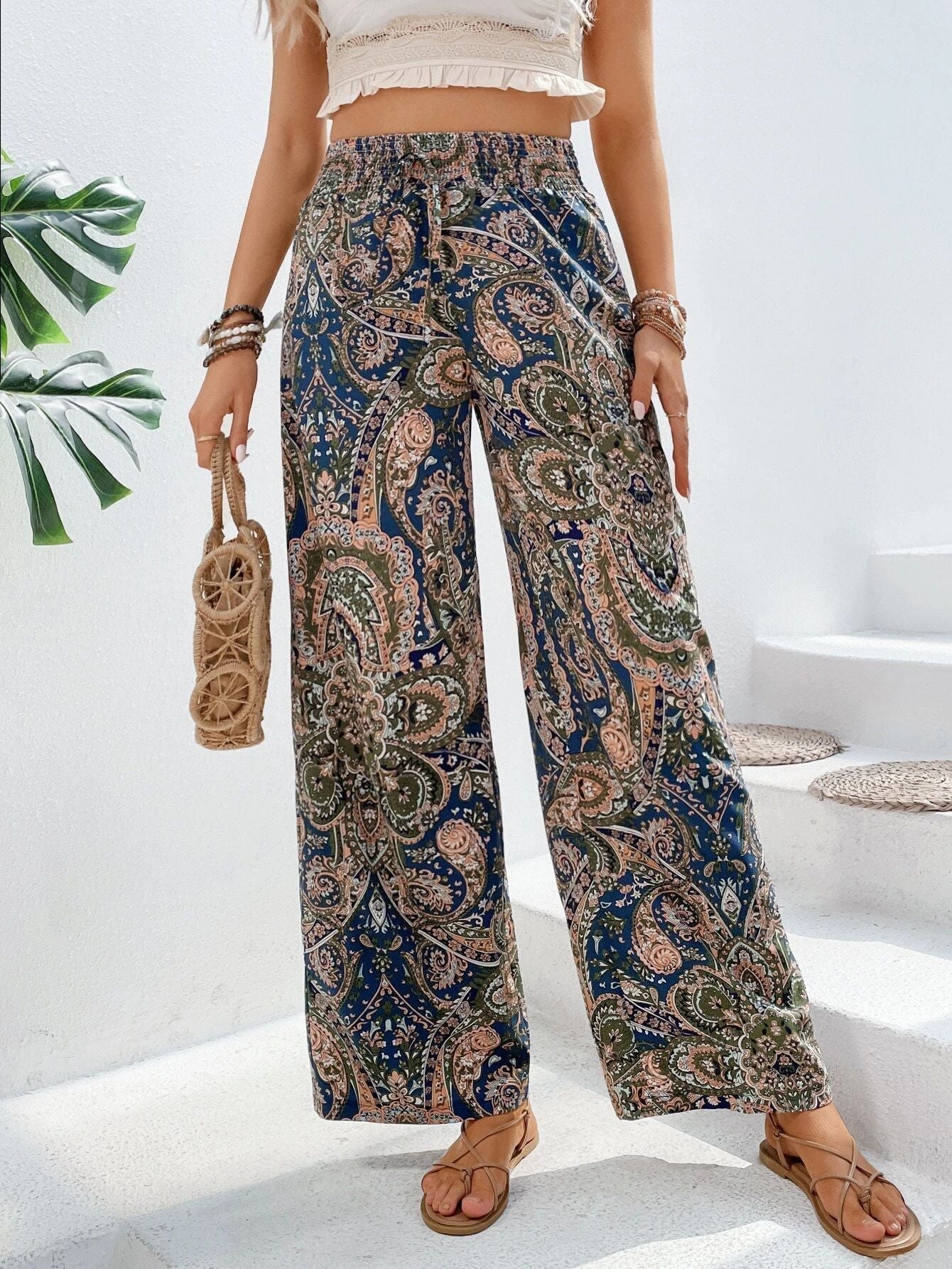 Bohemian Wide-Legged Women's Trousers with Slanted Pockets