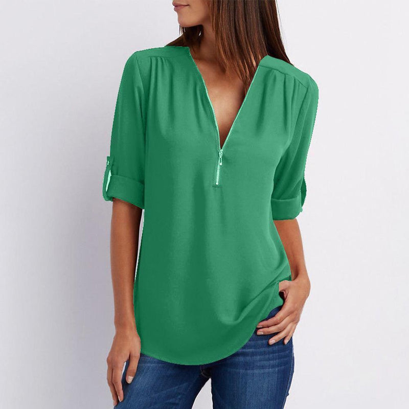 Keshini | Women's Chiffon V-Neck Blouse with Elegant Three-Quarter Sleeves