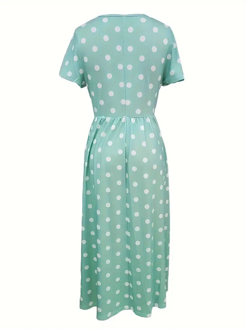 Eleanor – light, short-sleeved, polka-dotted dress with round neckline