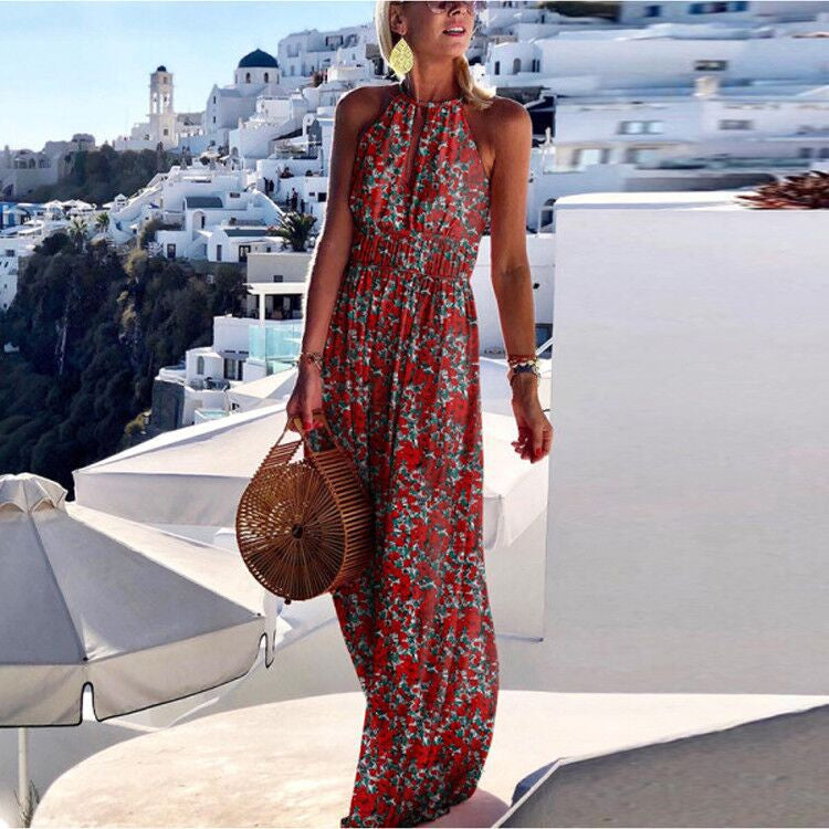 Women's Boho Maxi Dress – Sleeveless Summer Dress with Paisley Pattern and High Waist