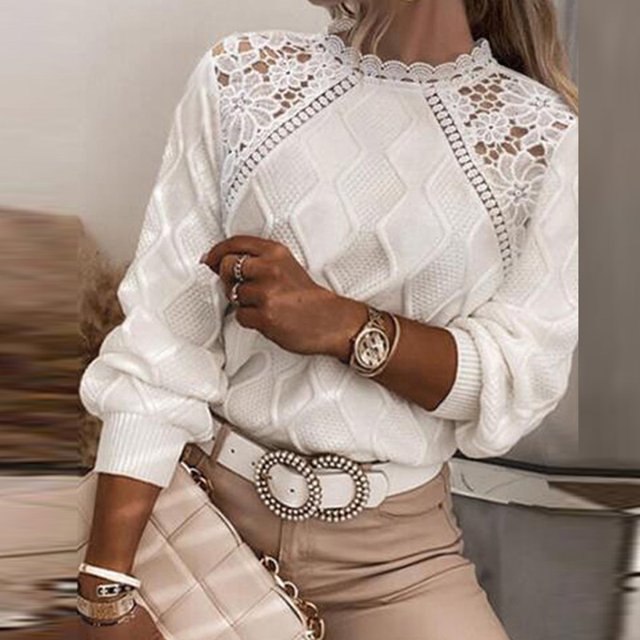 Sara - Elegant sweater with lace embroidery and hem stitch
