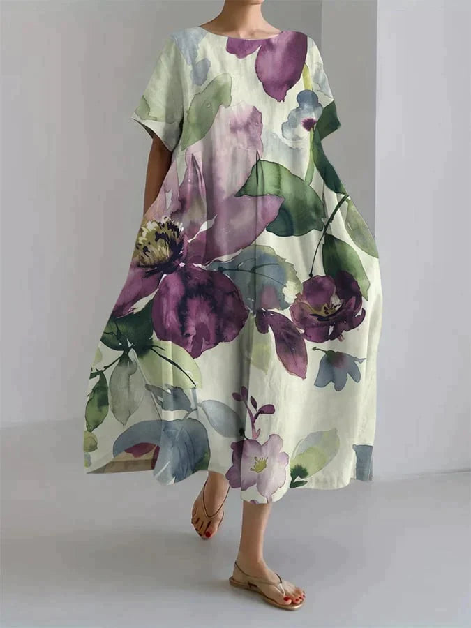 Andria - Loose-fitting women's dress with a botanical floral motif
