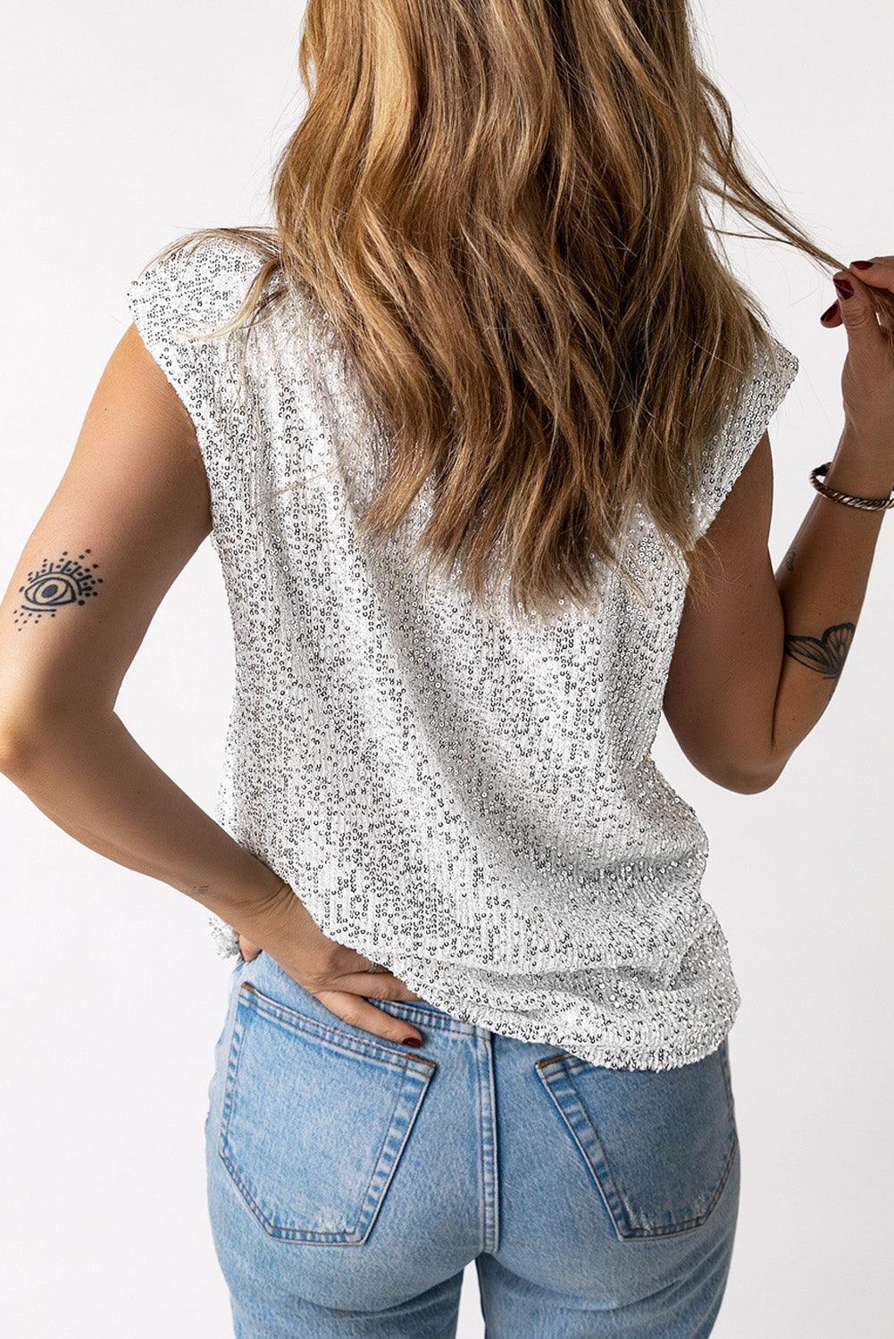 Zoya | Women's Sequin Capped Sleeve Tank Top - Stylish & Shiny
