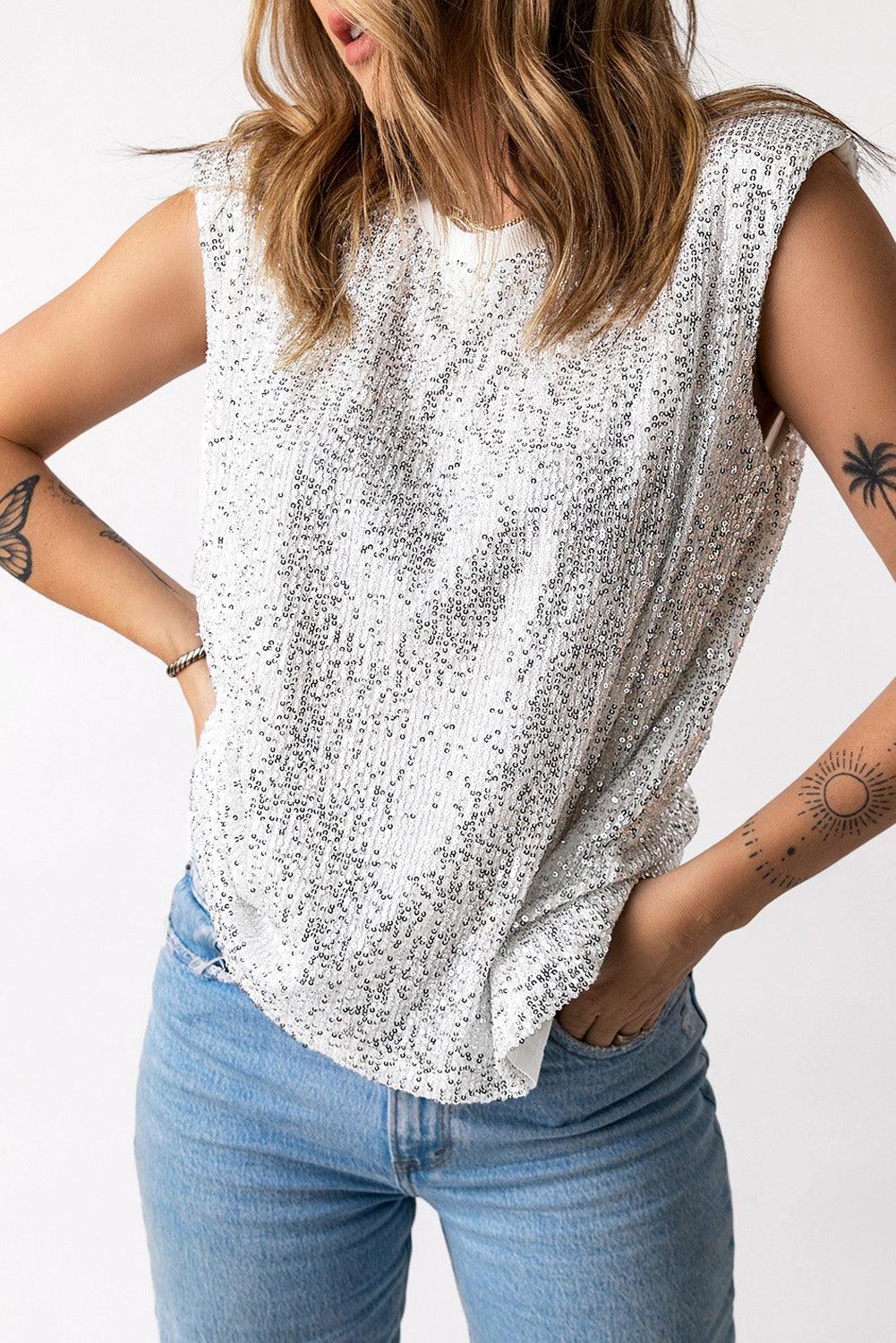 Zoya | Women's Sequin Capped Sleeve Tank Top - Stylish & Shiny