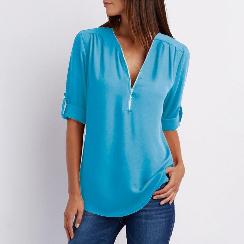 Keshini | Women's Chiffon V-Neck Blouse with Elegant Three-Quarter Sleeves