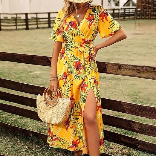 Clara - Tropical print belted dress with high waist