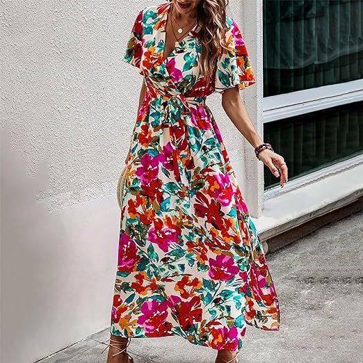 Clara - Tropical print belted dress with high waist
