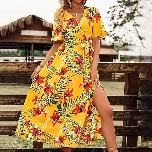 Clara - Tropical print belted dress with high waist