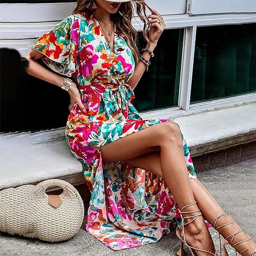 Clara - Tropical print belted dress with high waist