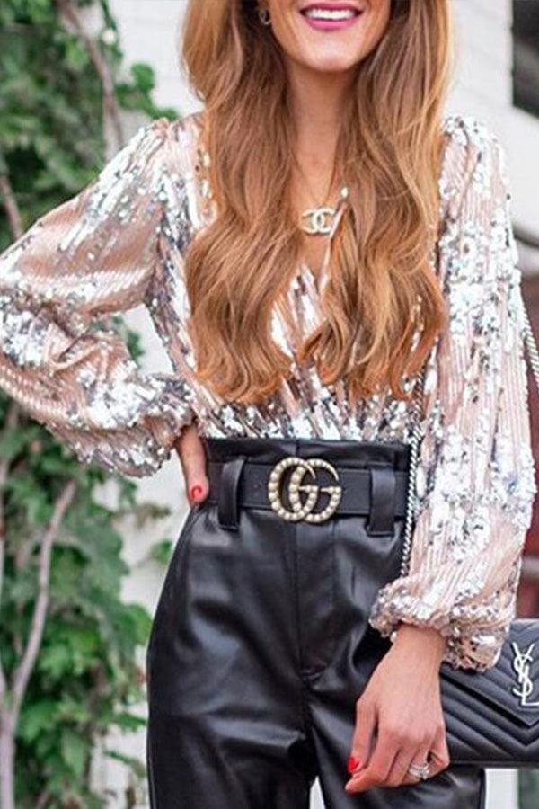 Sparkling & Stylish Women's Glitter V-Neck Long Sleeve Top – Naya
