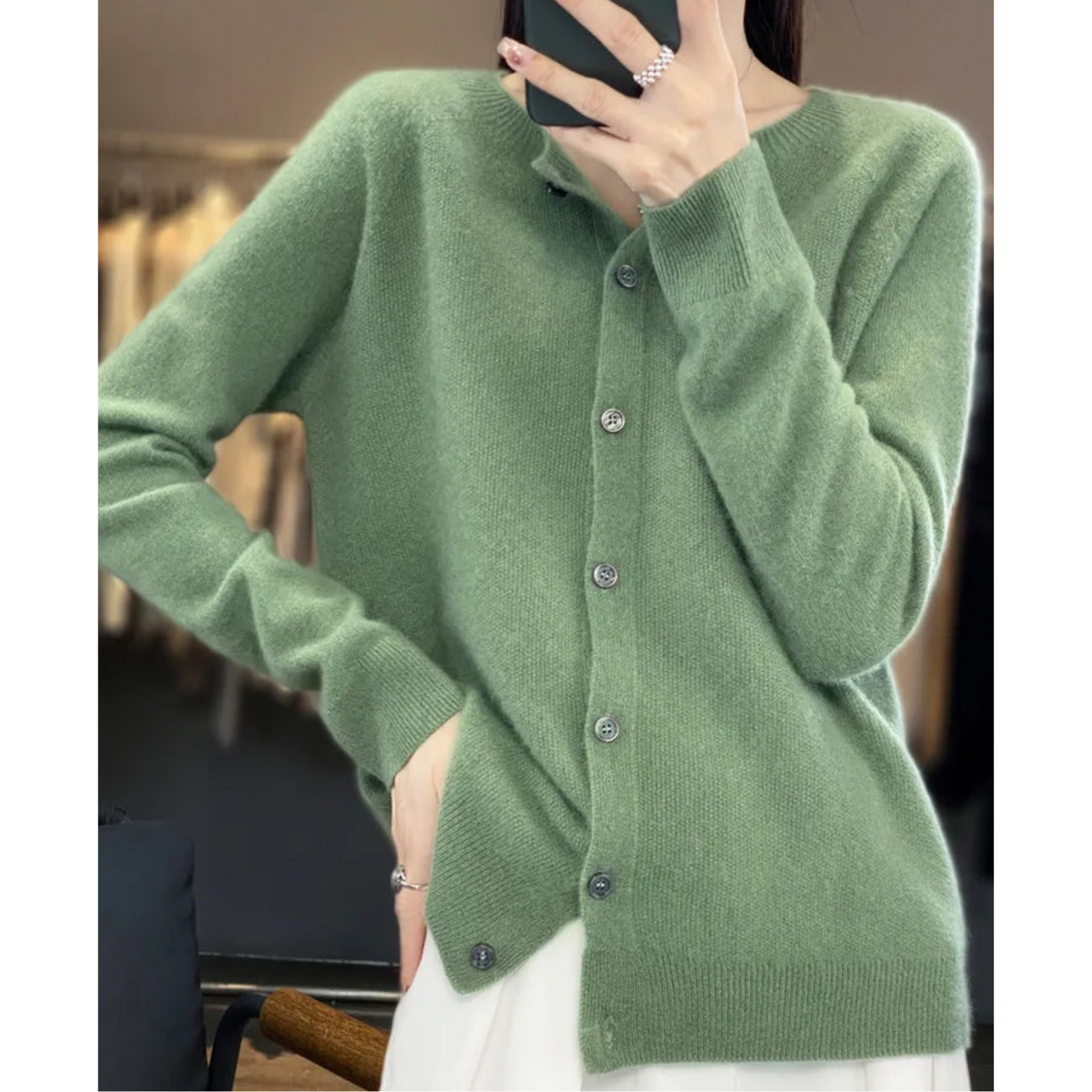 Pure Merino Wool Women's O-neck Cardigan Cashmere Sweater