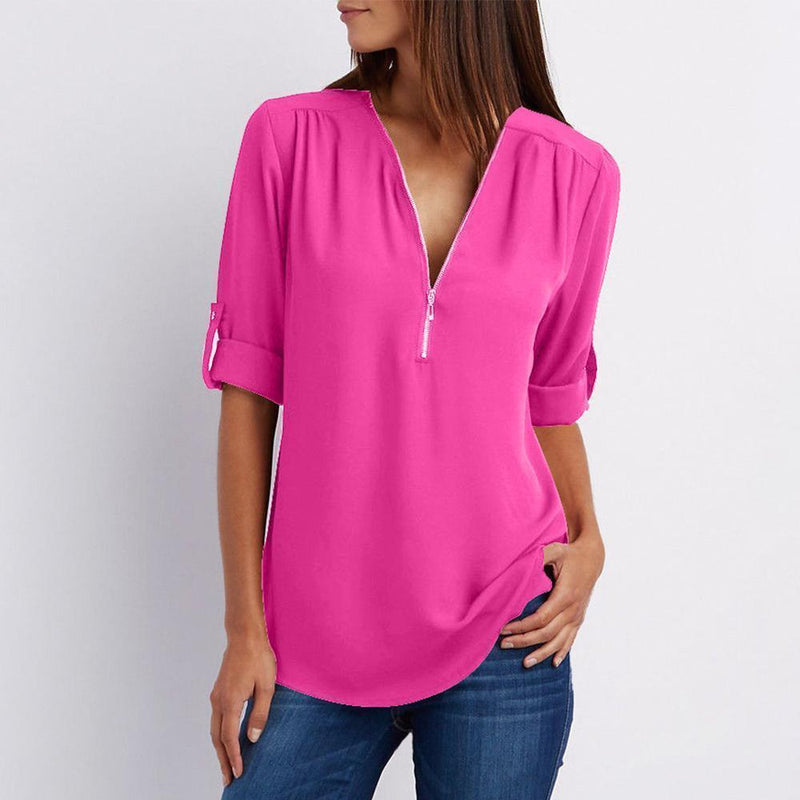 Keshini | Women's Chiffon V-Neck Blouse with Elegant Three-Quarter Sleeves