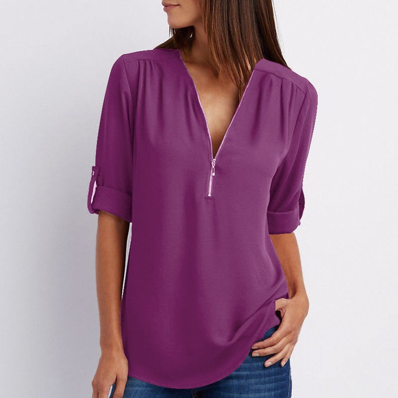 Keshini | Women's Chiffon V-Neck Blouse with Elegant Three-Quarter Sleeves