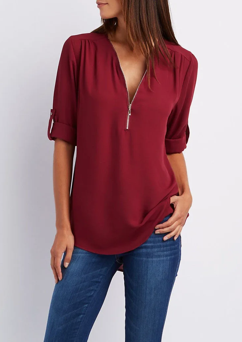 Danijela | V-Neck Blouse - Zip-Up Women's Style