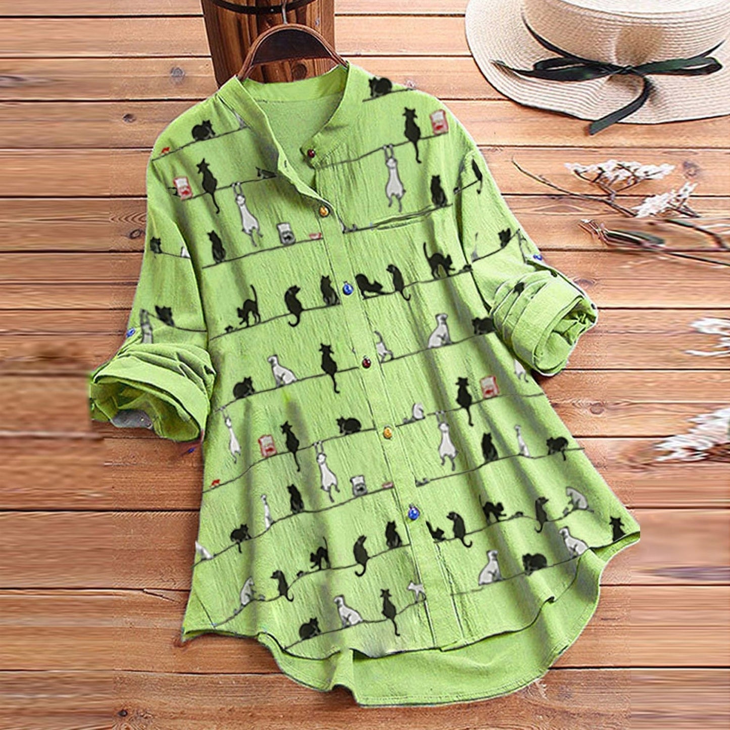 Light Women's Blouse with Cat Motif & Button Placket – Kaja