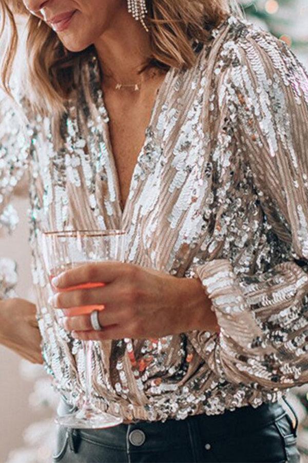 Sparkling & Stylish Women's Glitter V-Neck Long Sleeve Top – Naya
