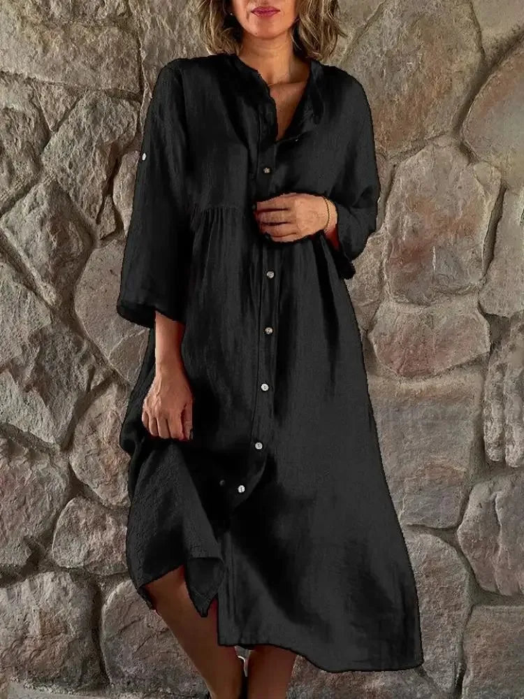 Juvylyn - Loose-fitting cotton linen shirt dress