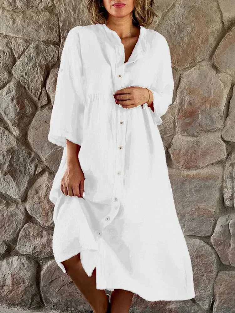 Juvylyn - Loose-fitting cotton linen shirt dress