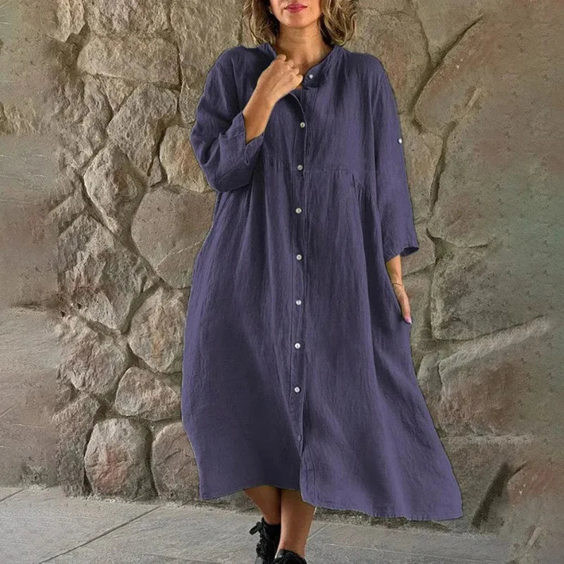 Juvylyn - Loose-fitting cotton linen shirt dress