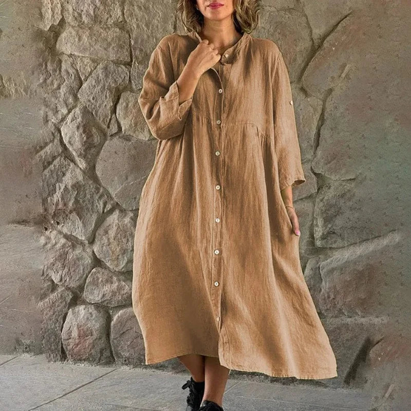 Juvylyn - Loose-fitting cotton linen shirt dress