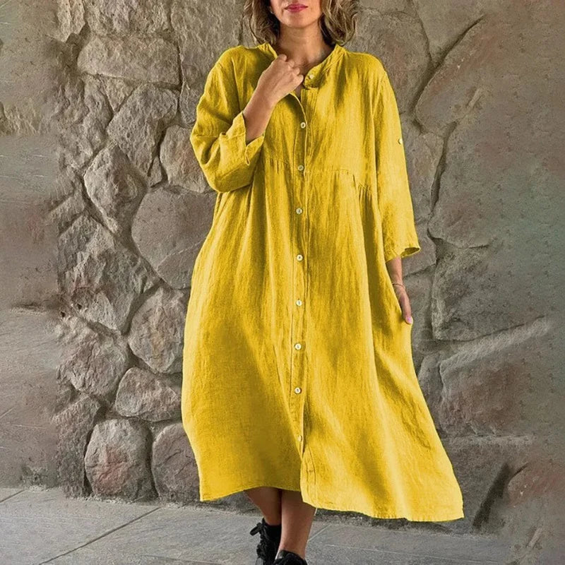 Juvylyn - Loose-fitting cotton linen shirt dress
