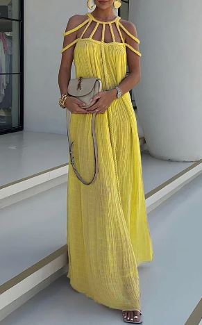 Mila - Modern and sophisticated linen blend draped maxi dress with braids