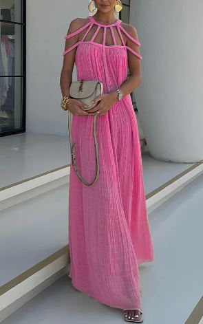 Mila - Modern and sophisticated linen blend draped maxi dress with braids
