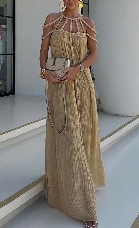 Mila - Modern and sophisticated linen blend draped maxi dress with braids