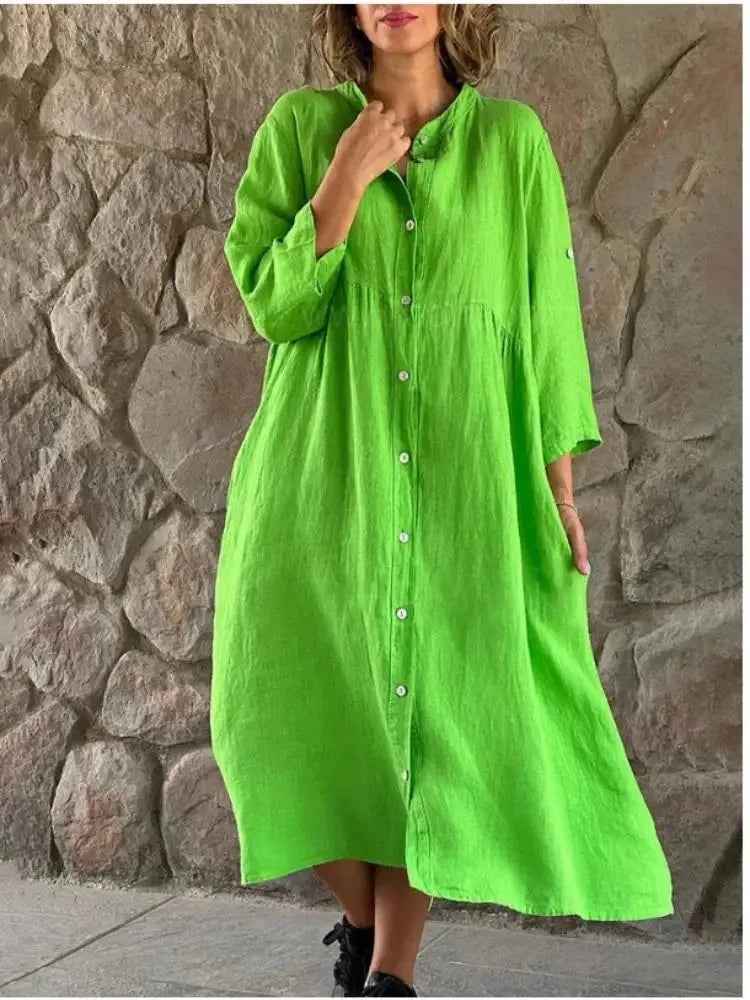 Juvylyn - Loose-fitting cotton linen shirt dress