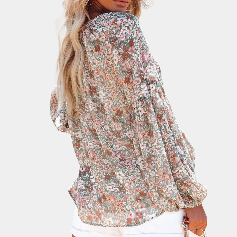 Nirmani | V-Neck Chiffon Blouse With Lantern Sleeves - Stylish & Lightweight