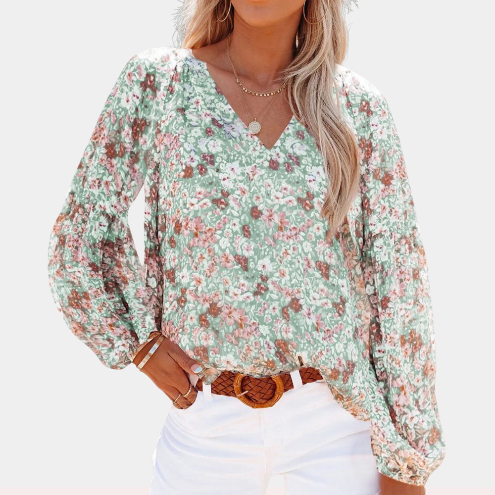 Nirmani | V-Neck Chiffon Blouse With Lantern Sleeves - Stylish & Lightweight