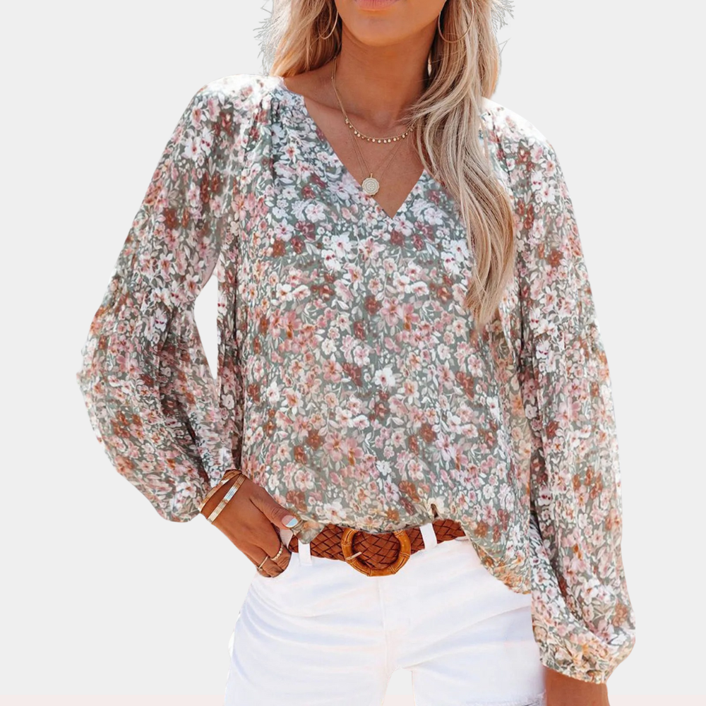 Nirmani | V-Neck Chiffon Blouse With Lantern Sleeves - Stylish & Lightweight