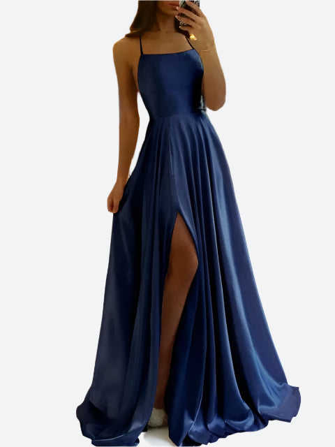 Women's Elegant Backless Maxidress – Flowing Evening Dress with Lacing Details