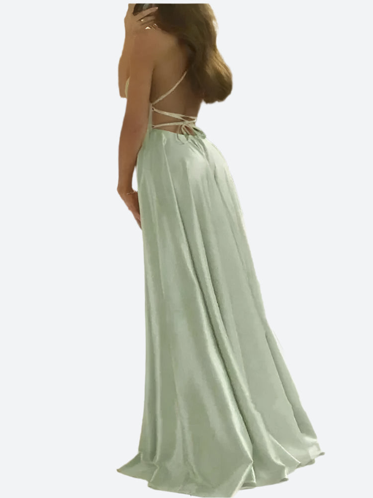Women's Elegant Backless Maxidress – Flowing Evening Dress with Lacing Details