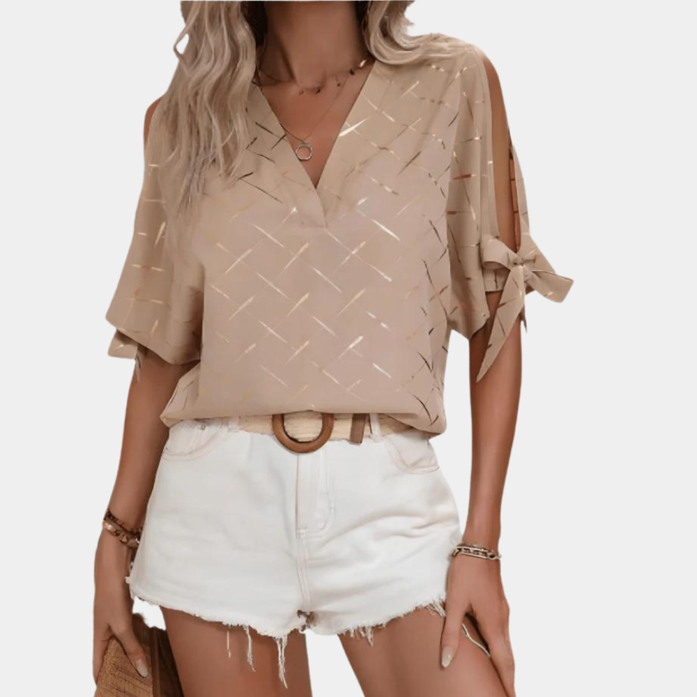 Fabby | Fashionable Off-Shoulder Gold Plaid Top with Slim V-Neck for Women - Stylish & Trendy