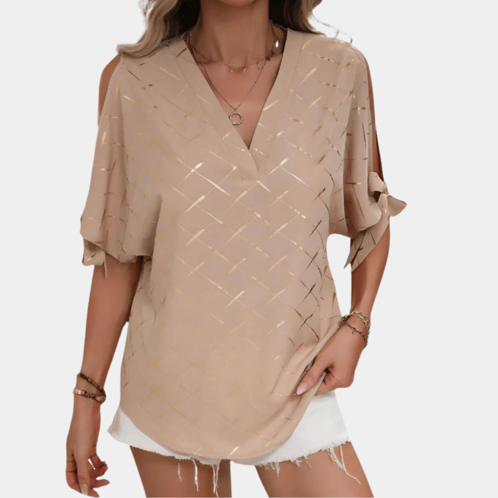 Fabby | Fashionable Off-Shoulder Gold Plaid Top with Slim V-Neck for Women - Stylish & Trendy