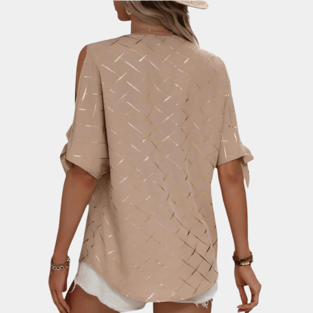 Fabby | Fashionable Off-Shoulder Gold Plaid Top with Slim V-Neck for Women - Stylish & Trendy