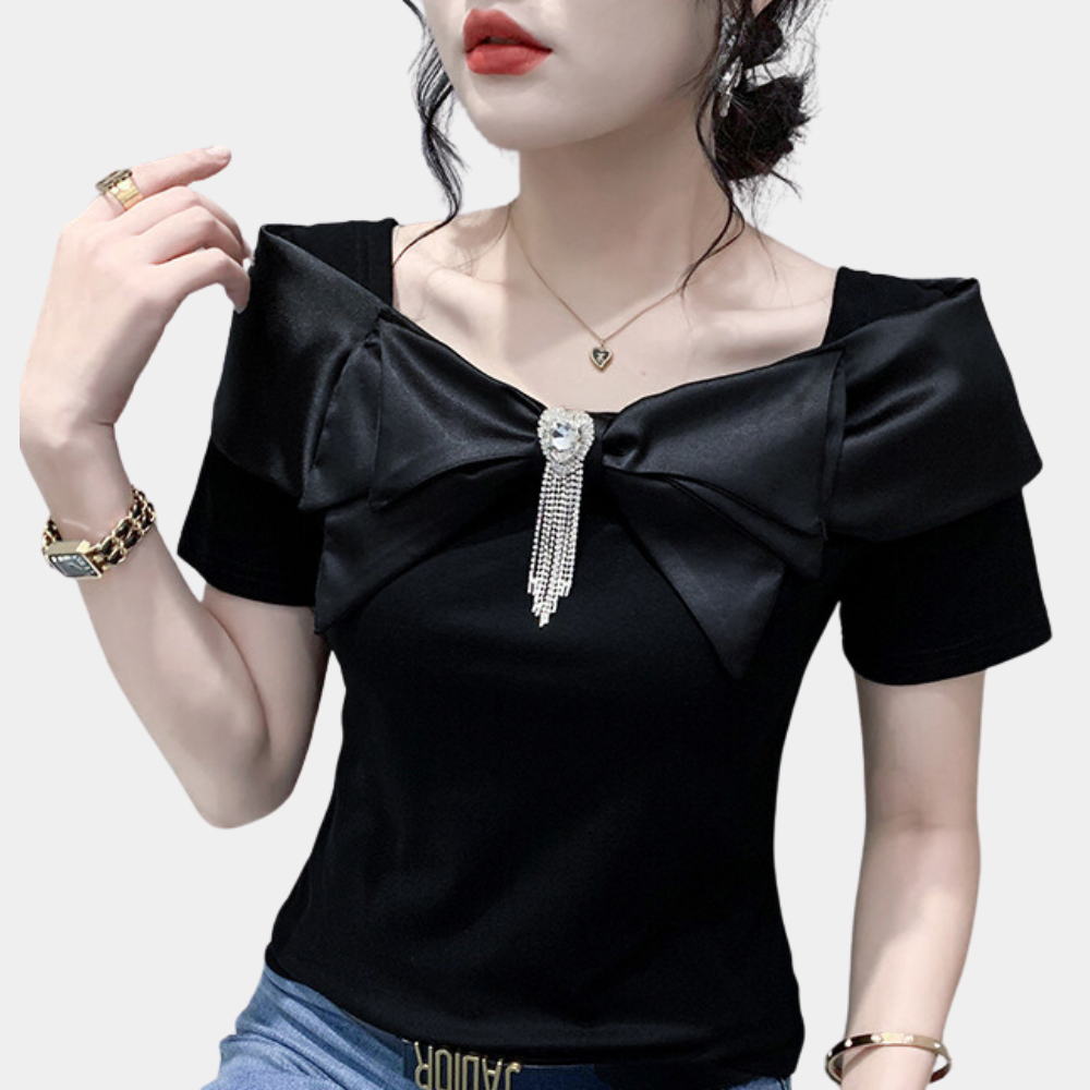 Nisansala | Slim Fit T-Shirt With Square Collar and Bow - Stylish & Trendy