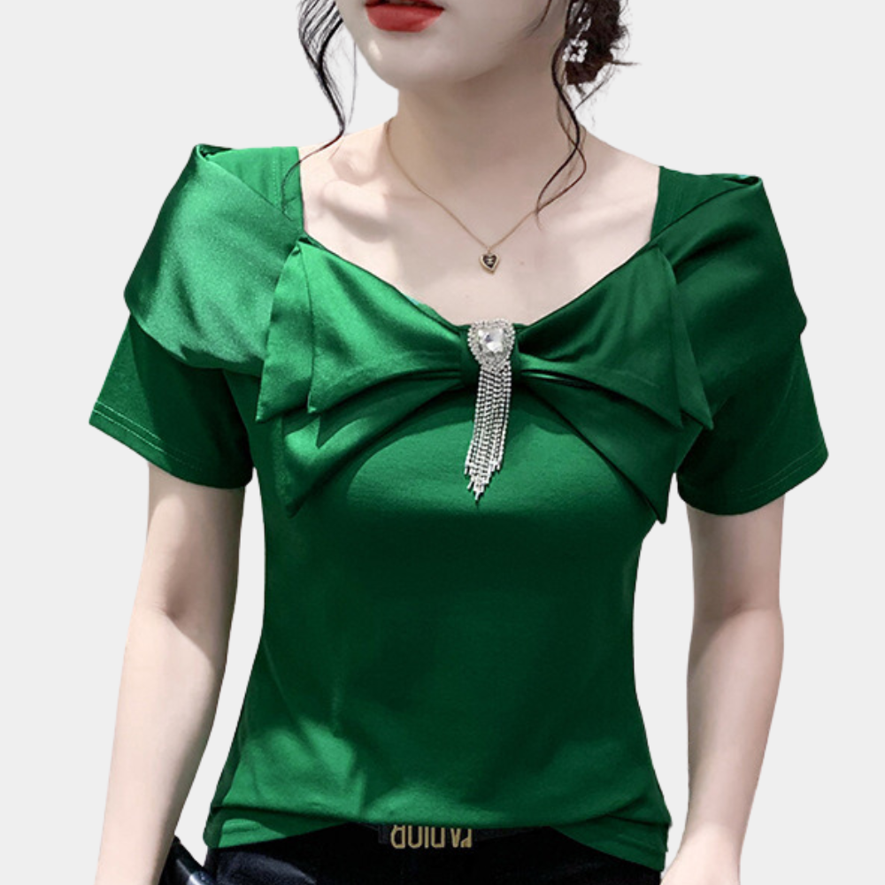 Nisansala | Slim Fit T-Shirt With Square Collar and Bow - Stylish & Trendy