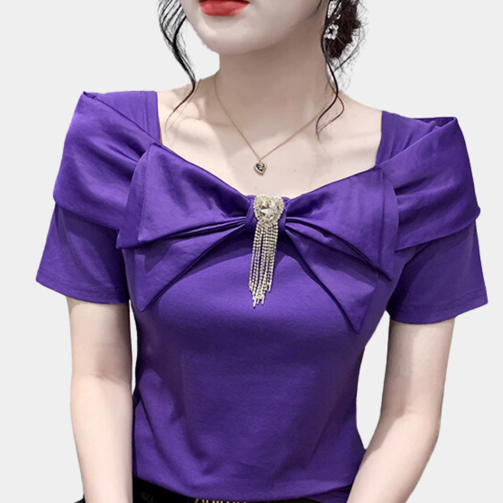 Nisansala | Slim Fit T-Shirt With Square Collar and Bow - Stylish & Trendy