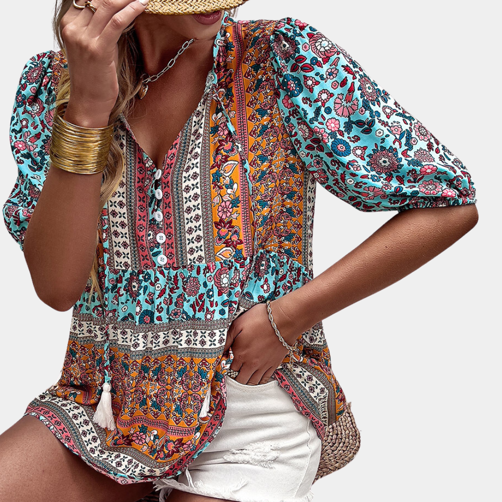Lia | Women's ethnic floral - patchwork blouse
