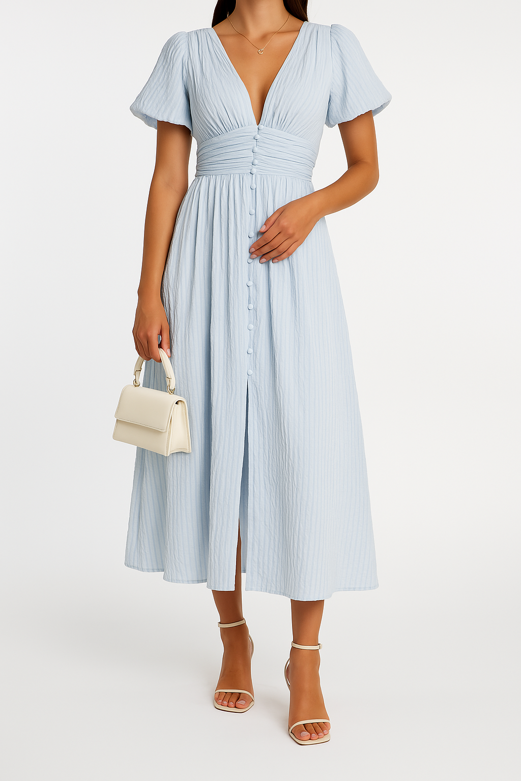 Women's V-Neck Midi Dress with Puff Sleeves for Summer