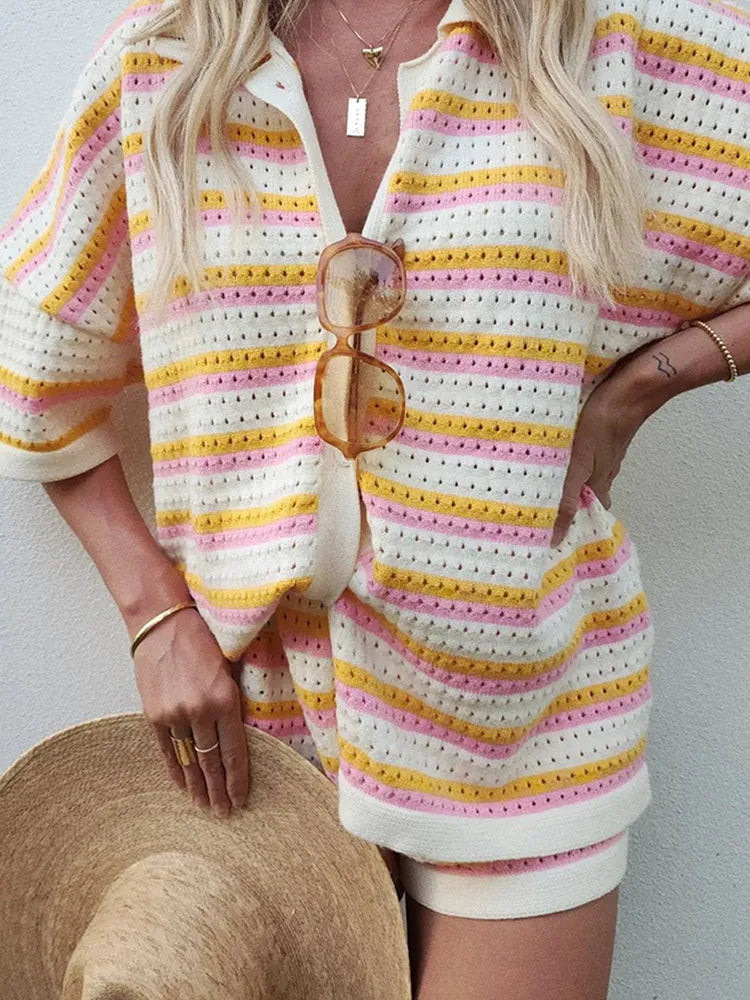 Doris - 2 Piece Knitted Set with Contrasting Stripes for Women