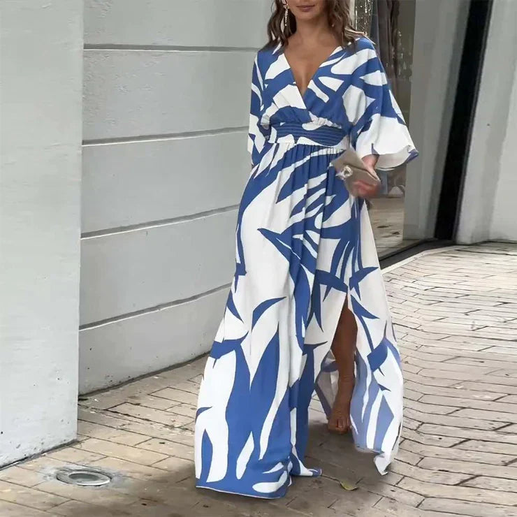 Emma – Blue Printed Maxi Dress with 3/4 Sleeves