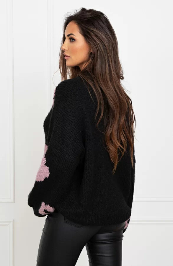 Sweater - Adalee - Floral Design - Black/Beige - Suitable for Multiple Seasons