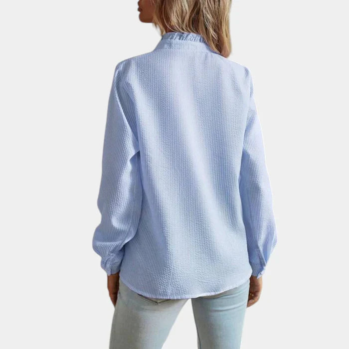 Striped Women's Blouse with Ruffles and Elegant Button Closure